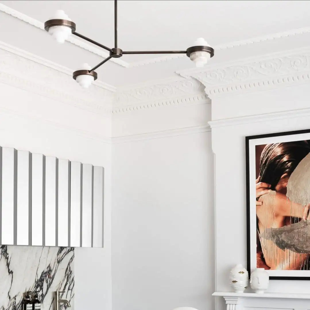 IRLS Three Arms Linear Brass and Alabaster Pendant Light