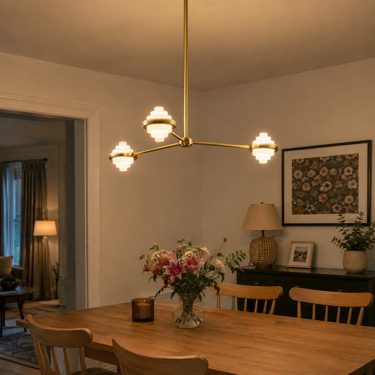 IRLS Three Arms Linear Brass and Alabaster Pendant Light
