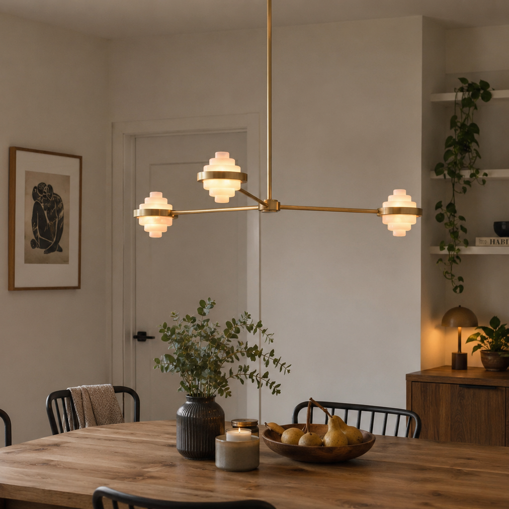 IRLS Three Arms Linear Brass and Alabaster Pendant Light